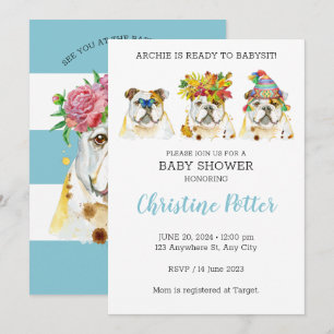 Invitation du Baby shower d'aquarelle Bulldog angl