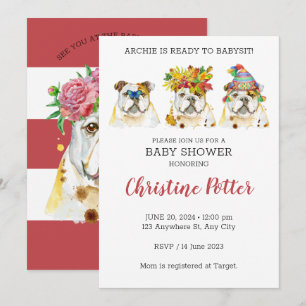 Invitation du Baby shower d'aquarelle Bulldog angl