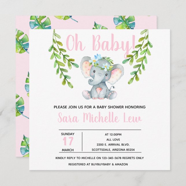 Invitation du Baby shower d'aquarelle de fille (Devant / Derrière)