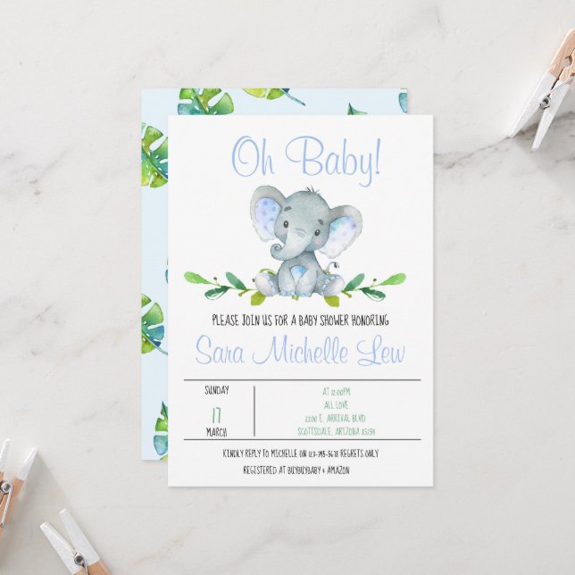 Invitation du Baby shower d'aquarelle éléphant du  (Devant/Arrière en situation)