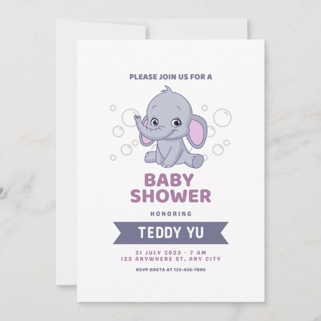 Invitation du Baby shower d'aquarelle éléphant du  (Devant)
