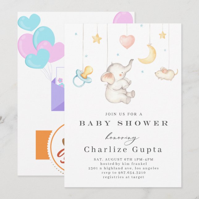 Invitation du Baby shower d'aquarelle éléphant du  (Devant / Derrière)