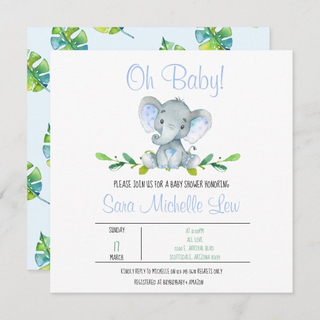 Invitation du Baby shower d'aquarelle éléphant du  (Devant / Derrière)