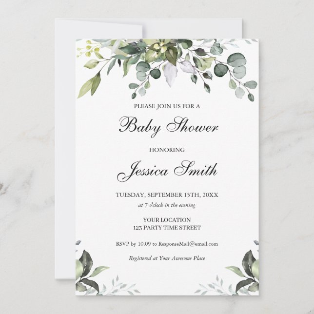 Invitation du Baby shower d'aquarelle Eucalyptus (Devant)