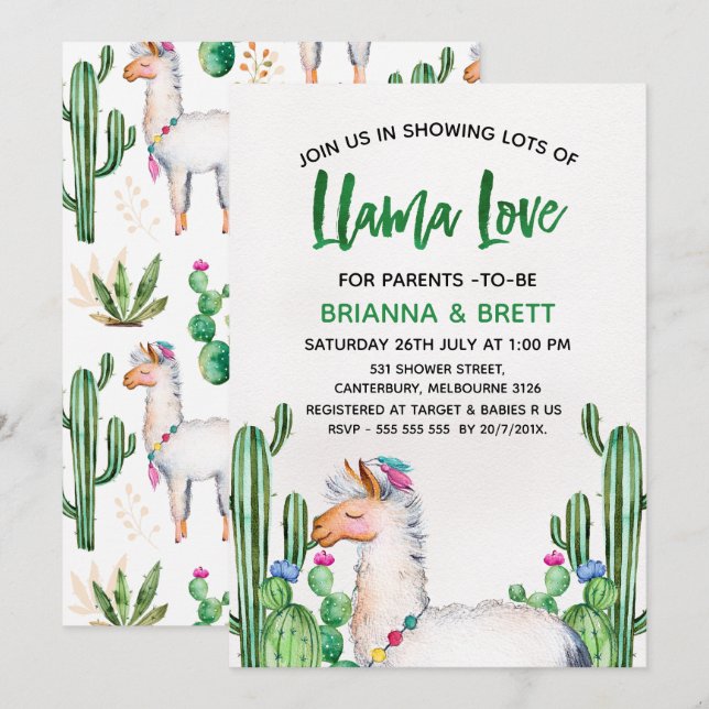 Invitation du Baby shower d'aquarelle Llama (Devant / Derrière)
