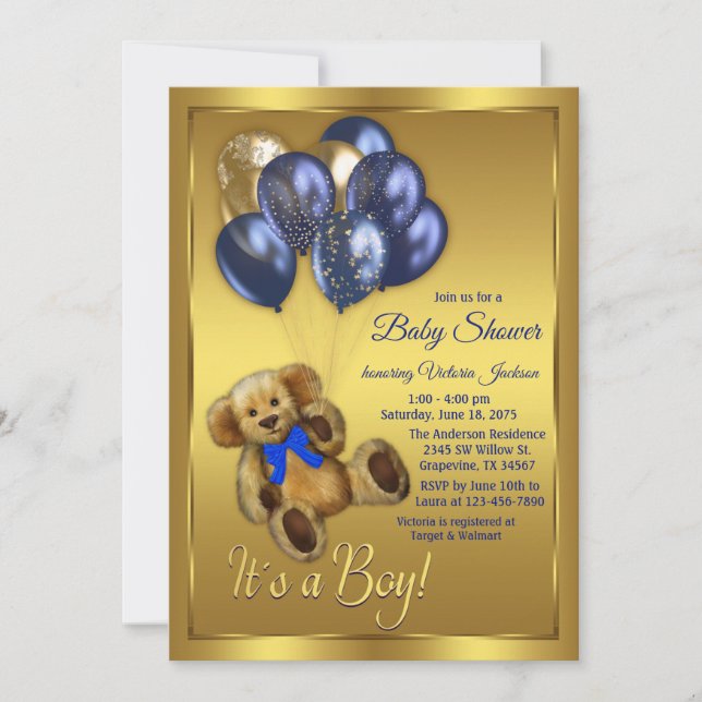 Invitation du Baby shower de ballon de l'ours en p (Devant)