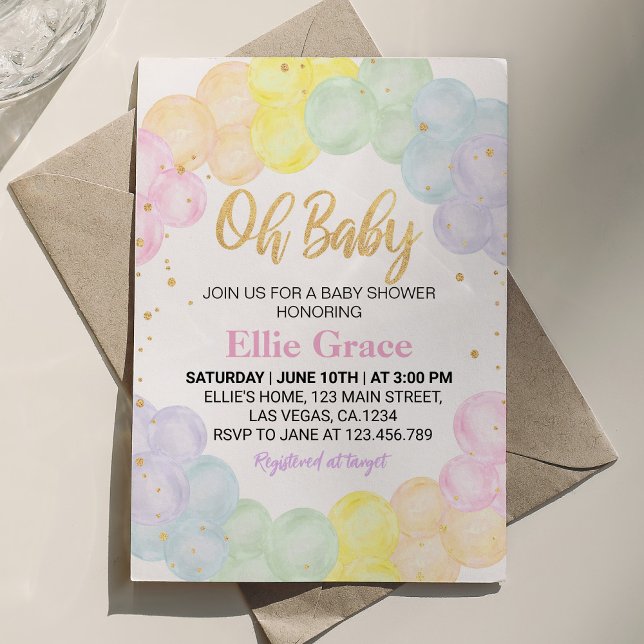 Invitation du Baby shower de ballon Pastel Rainbow (Créateur téléchargé)