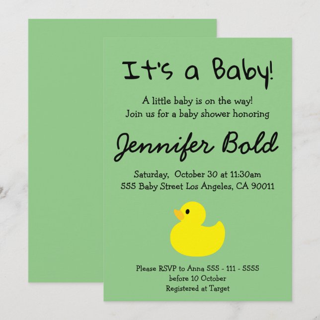 Invitation du Baby shower de canard jaune (Devant / Derrière)