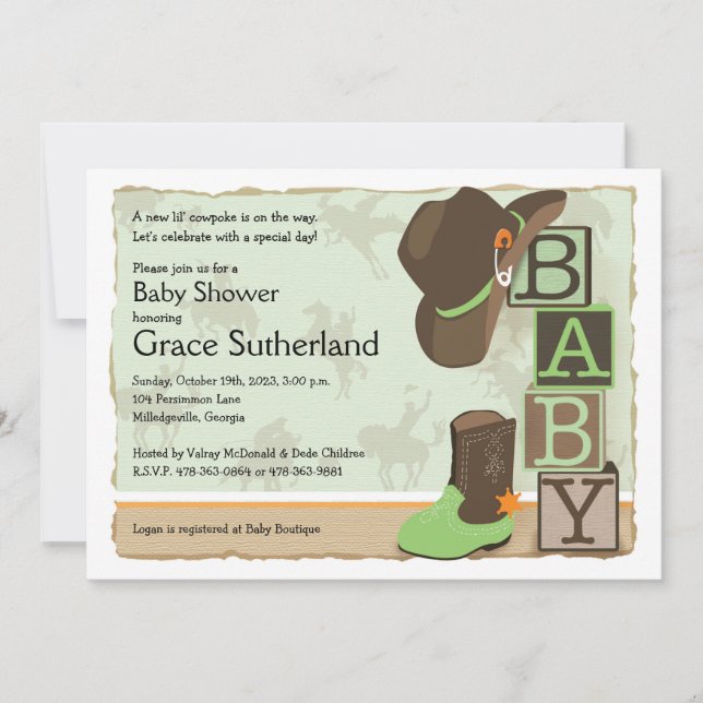 Invitation du Baby shower de cowpoke occidental (Devant)