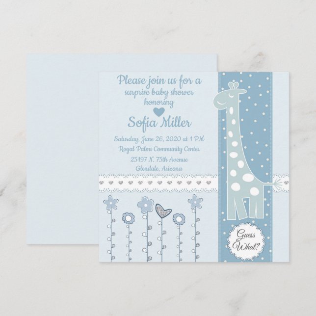 Invitation du Baby shower de la Girafe bleue (Devant / Derrière)