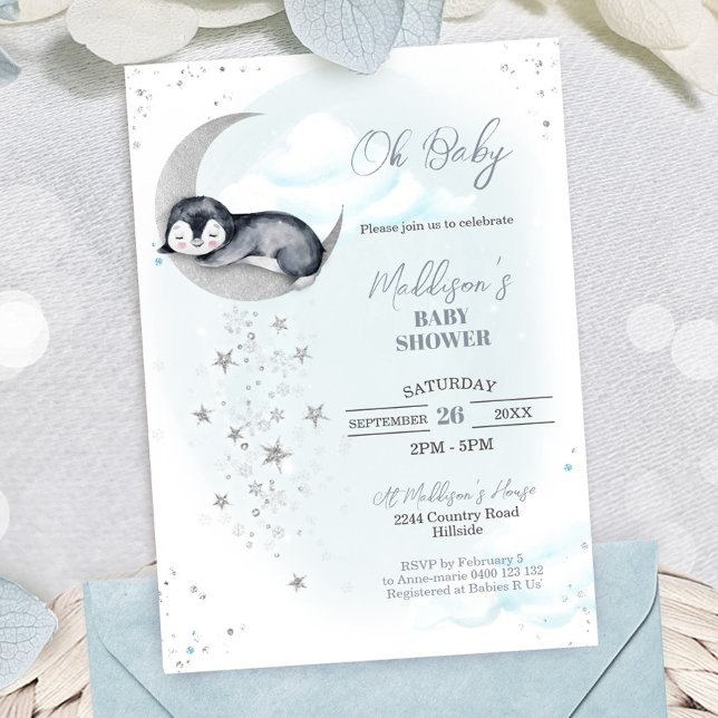 Invitation du Baby shower de la lune de pingouin (Créateur téléchargé)