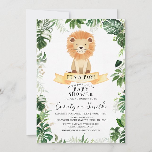 Invitation du Baby shower de Lion de la Jungle tro (Devant)