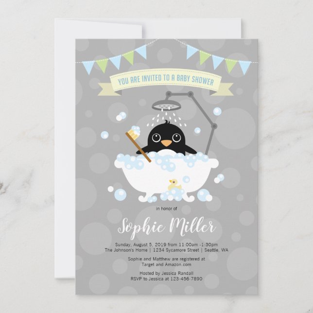 Invitation du Baby shower de pingouin (Devant)