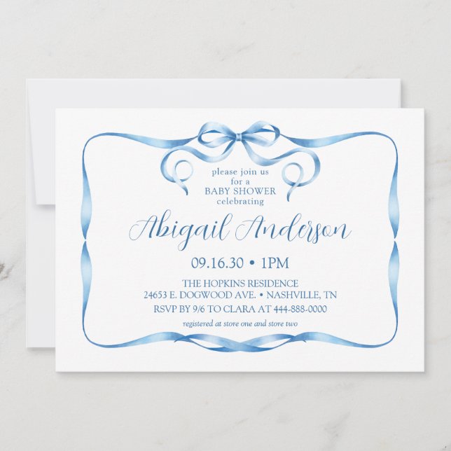 Invitation du Baby shower de ruban bleu aquarelle (Devant)