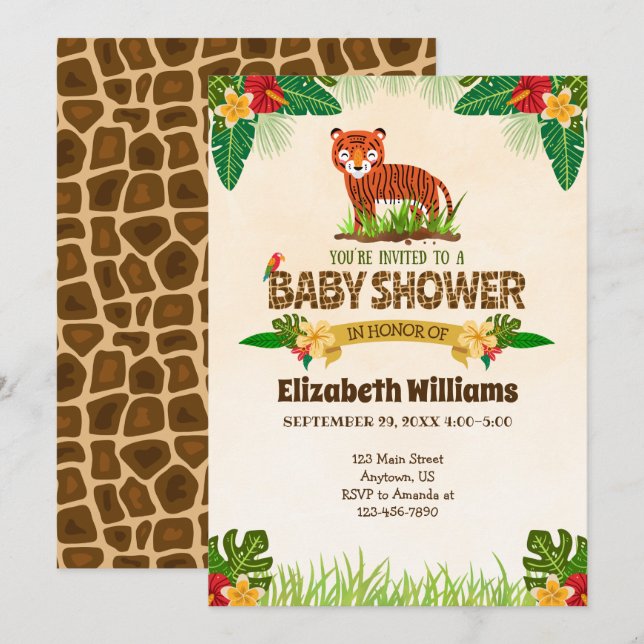 Invitation du Baby shower de Tigre Jungle (Devant / Derrière)