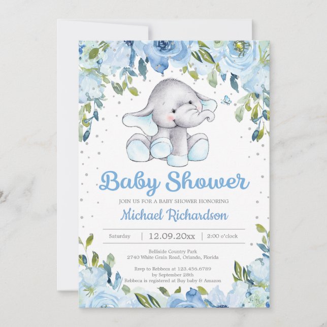 Invitation du baby shower d'éléphant Floral bleu (Devant)