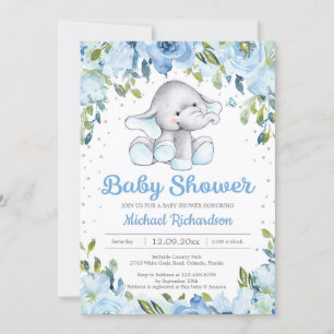 Invitation du baby shower d'éléphant Floral bleu