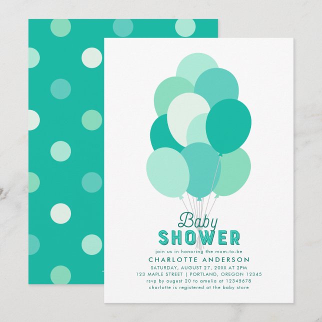 Invitation du Baby shower des ballons turquoises (Devant / Derrière)