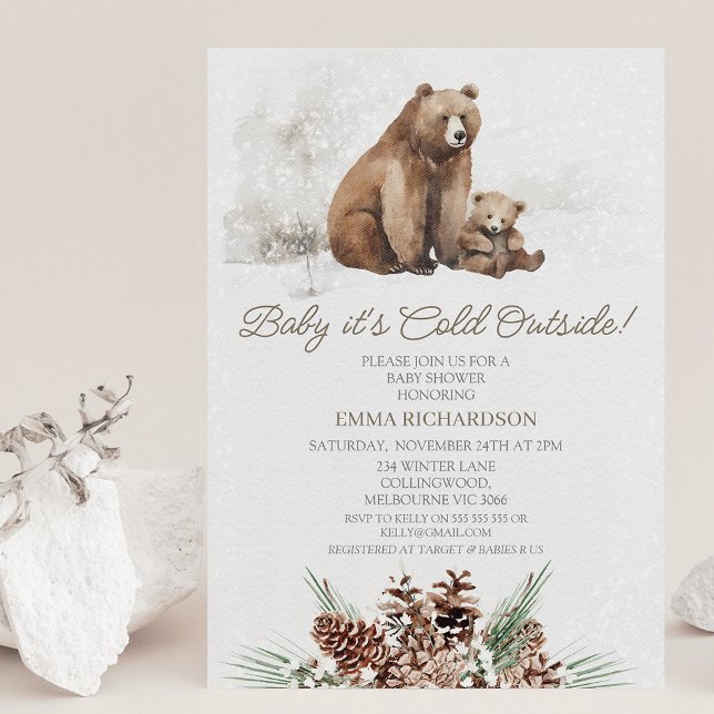 Invitation du Baby shower d'hiver de l'ours Brown (Brown bear and cub baby it's cold out there baby shower invitation great for a gender neutral shower)