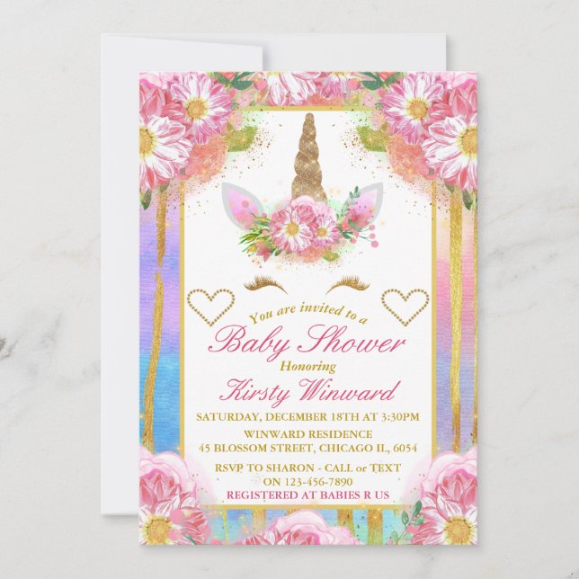Invitation du Baby shower d'or rose face Unicorn (Devant)