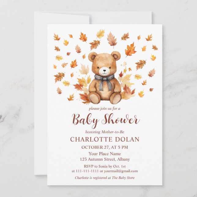 Invitation du Baby shower d'ours en peluche de l'a (Devant)