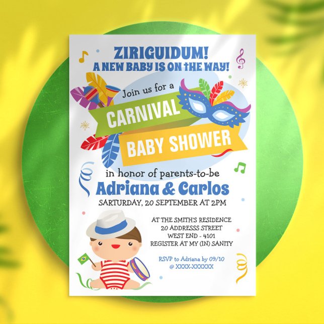 Invitation du Baby shower du Carnaval brésilien ( Start your baby shower with this super colorful and full of Ziriguidum invitation.)