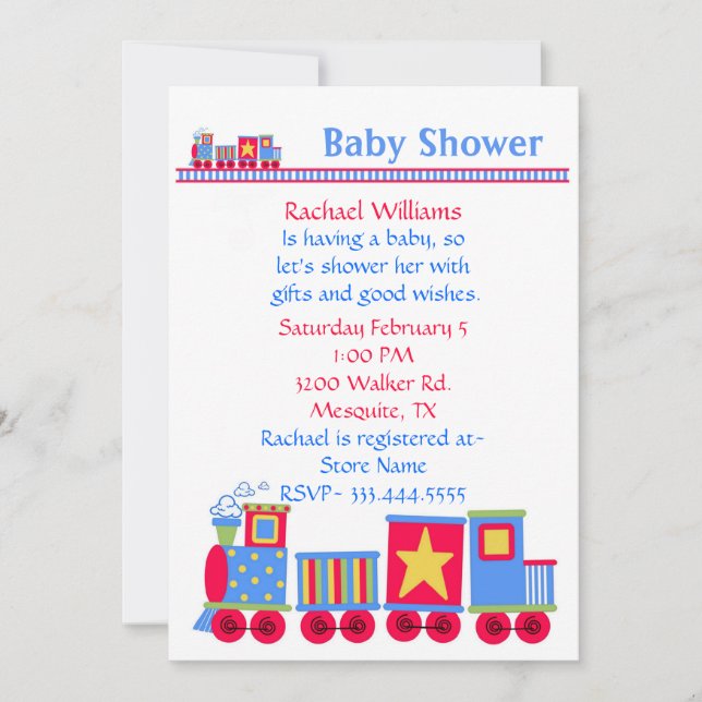 Invitation du Baby shower du train de jouets (Devant)