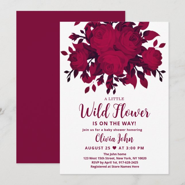 Invitation du Baby shower Fleur sauvage de Bourgog (Devant / Derrière)