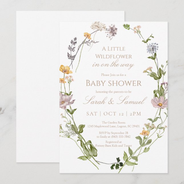 Invitation du Baby shower fleur sauvage Wreath (Devant / Derrière)
