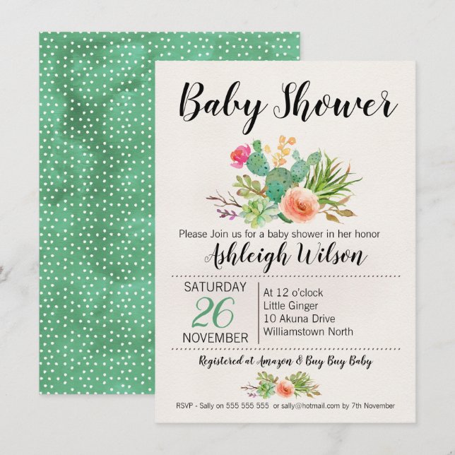 Invitation du Baby shower Floral Cactus (Devant / Derrière)