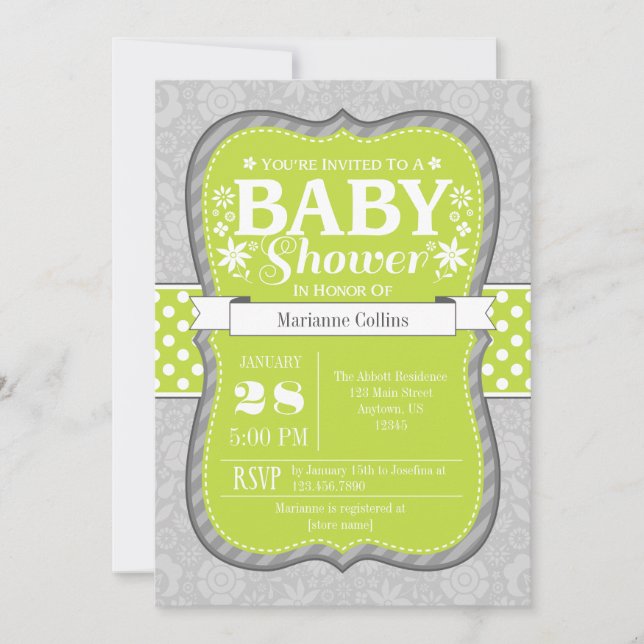Invitation du Baby shower floral gris de LIme (Devant)
