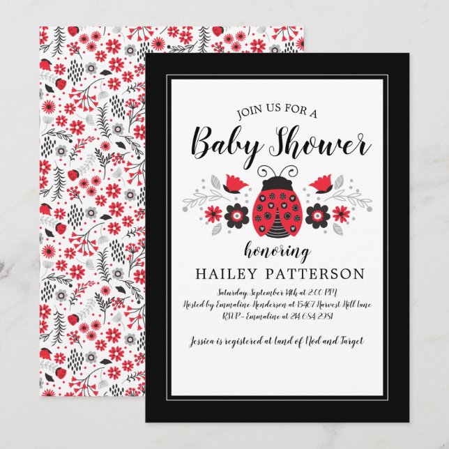 Invitation du Baby shower Floral Red Ladybug (Devant / Derrière)