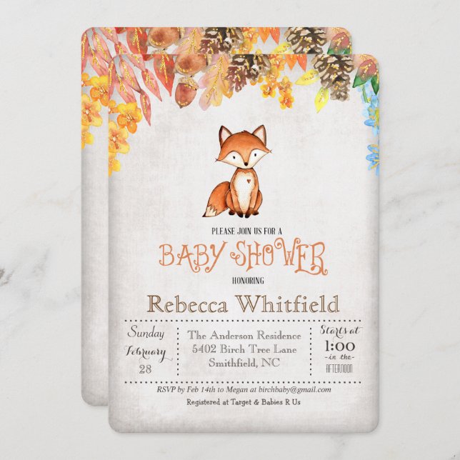 Invitation du Baby shower Little Fox (Devant / Derrière)