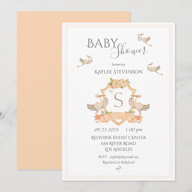 Invitation du Baby shower Monogram Peach Crest (Devant / Derrière)