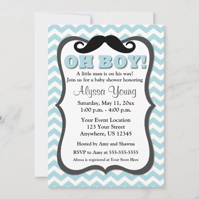 Invitation du Baby shower Mustache Blue Chevron (Devant)