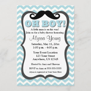 Invitation du Baby shower Mustache Blue Chevron