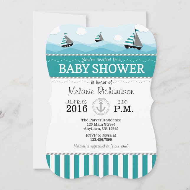 Invitation du Baby shower nautique bleu turquoise (Devant)