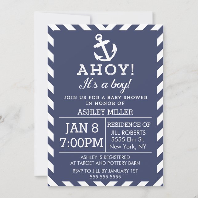 Invitation du Baby shower Nautique Chevron de la M (Devant)