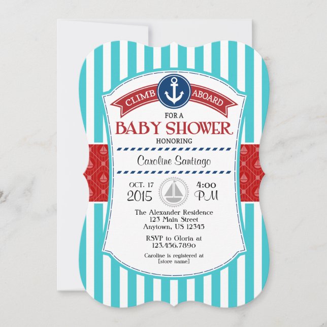 Invitation du Baby shower nautique Turquoise rouge (Devant)