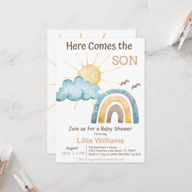 Invitation du Baby shower Retro Sunshine (Devant/Arrière en situation)