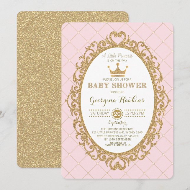 Invitation du Baby shower royal d'or rose (Devant / Derrière)