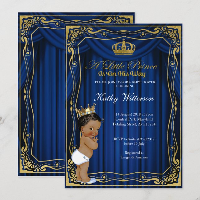 Invitation du Baby shower Royal Navy Blue Gold Pri (Devant / Derrière)
