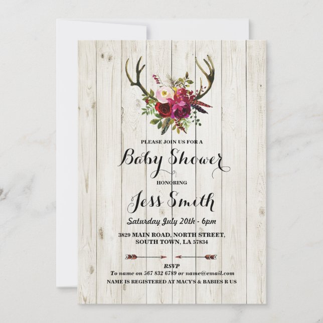 Invitation du Baby shower Rustic Antler Floral Woo (Devant)