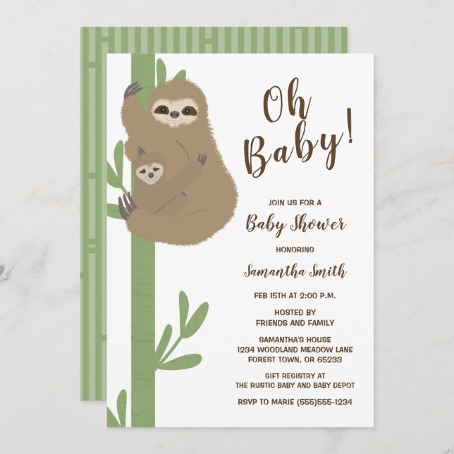 Invitation du Baby shower Sloth (Devant / Derrière)