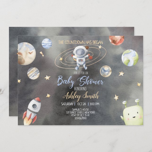 Invitation du Baby shower spatial astronaute (Devant / Derrière)