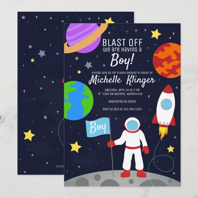 Invitation du Baby shower spatial de l'astronaute (Devant / Derrière)