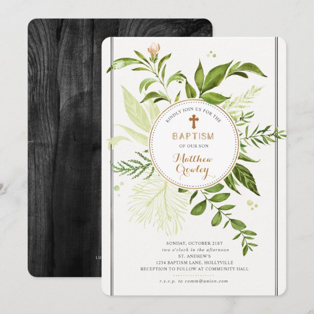 Invitation du baptême Cercle d'or vert (Devant / Derrière)