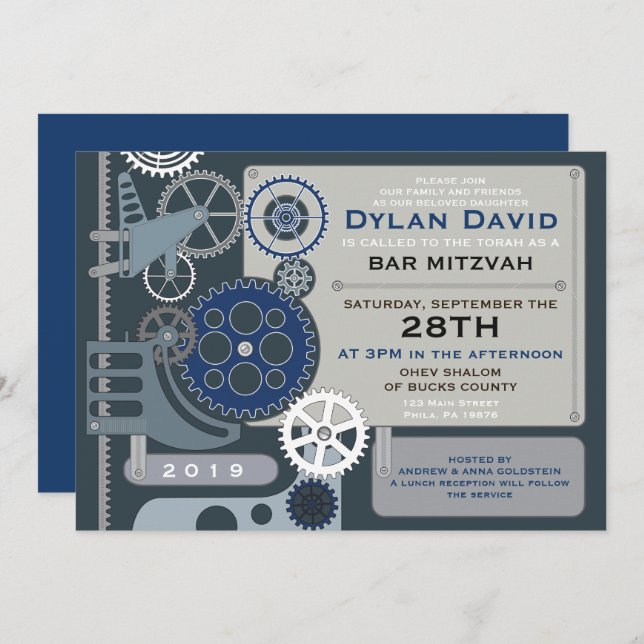 Invitation du Bat mitzvah Barre GEARS (Devant / Derrière)