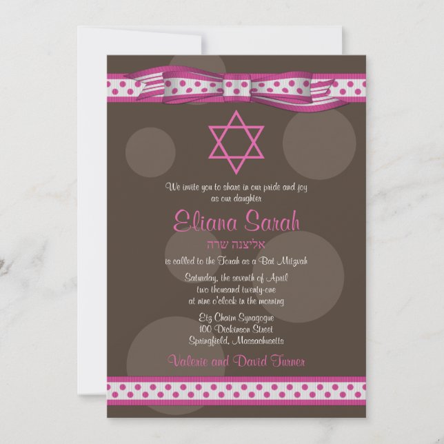 Invitation du Bat mitzvah de la Bow Pois rose Brow (Devant)