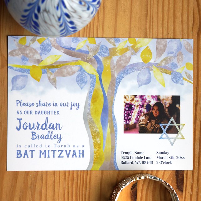 Invitation du Bat mitzvah de l'arbre de vie (Blue and yellow tree of life with sparkly leaves, star of david over photo)